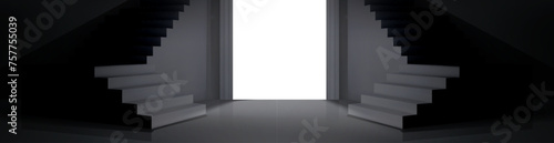 3d black and white concrete stairway podium view. Staircase concept background perspective mockup. Minimal studio interior with realistic ladder showcase. Abstract panorama illustration and gate light