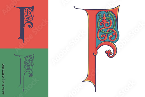 Letter F initial with trailing vines of thistle plant. Medieval blackletter drop cap based on Bohemian manuscript. Romanesque style dim colors illuminated emblem. Decorative wax seal monogram logo.