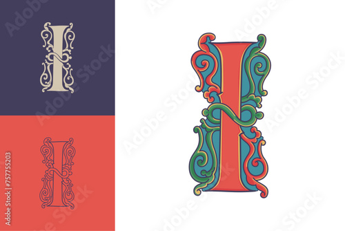 Letter I initial with trailing vines of thistle plant. Medieval blackletter drop cap based on Bohemian manuscript. Romanesque style dim colors illuminated emblem. Decorative wax seal monogram logo.