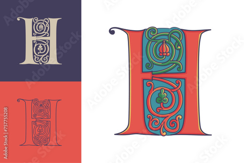 Letter H initial with trailing vines of thistle plant. Medieval blackletter drop cap based on Bohemian manuscript. Romanesque style dim colors illuminated emblem. Decorative wax seal monogram logo.