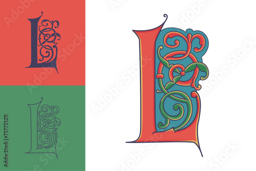 Letter B initial with trailing vines of thistle plant. Medieval blackletter drop cap based on Bohemian manuscript. Romanesque style dim colors illuminated emblem. Decorative wax seal monogram logo.