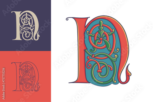 Letter N initial with trailing vines of thistle plant. Medieval blackletter drop cap based on Bohemian manuscript. Romanesque style dim colors illuminated emblem. Decorative wax seal monogram logo. photo