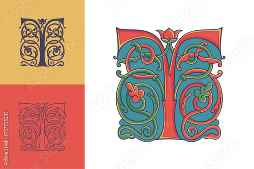 Letter T initial with trailing vines of thistle plant. Medieval blackletter drop cap based on Bohemian manuscript. Romanesque style dim colors illuminated emblem. Decorative wax seal monogram logo.