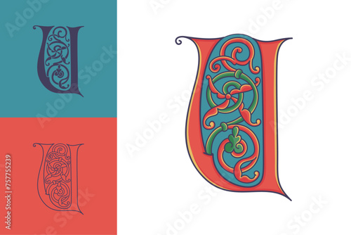 Letter U initial with trailing vines of thistle plant. Medieval blackletter drop cap based on Bohemian manuscript. Romanesque style dim colors illuminated emblem. Decorative wax seal monogram logo.