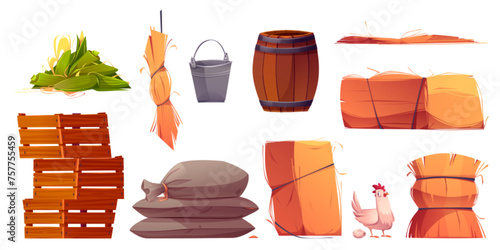 Poultry farm design elements set isolated on white background. Vector cartoon illustration of wooden crate and barrel, metal bucket, sacks, haystack, funny hen with egg, village barn constructor