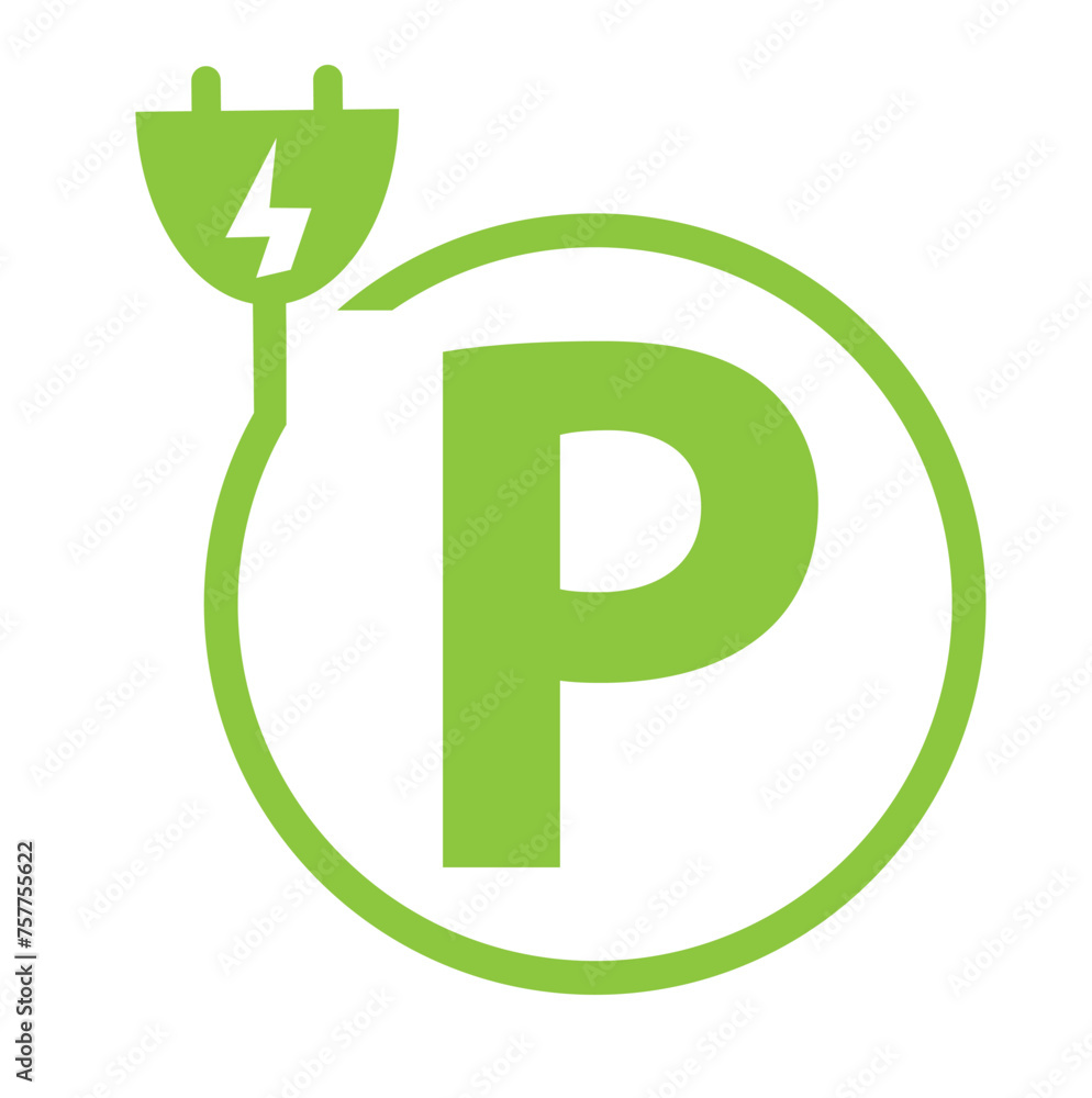 Letter P with plug icon, green electric vehicle parking sing, electric car charging point, parking space for eco frienly hybrid cars, vector illustrastion Letter P with plug icon, green electric vehicle parking sing, electric car charging point, parking space for eco frienly hybrid cars, vector illustrastion