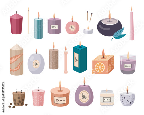 Aromatherapy candles set. Various candles isolated on white background. Hand drawn Vector illustration. Different burning candles collection. Hand crafted candles. Flat design