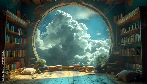 Majestic Cloud Portal in a Cozy Library Room Invites Dreamers to Worlds Beyond on World Book Day
