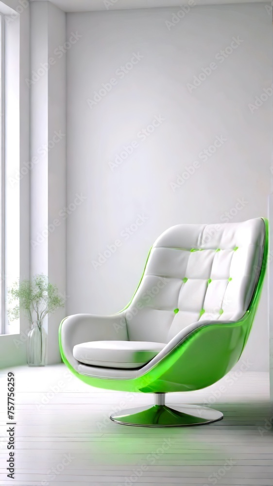Futuristic neon green armchair in modern room with white wall background illustration. Futuristic neon green armchair in modern room with white wall background illustration.