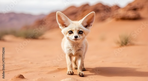 Adorable little fennec fox strolling in a desert