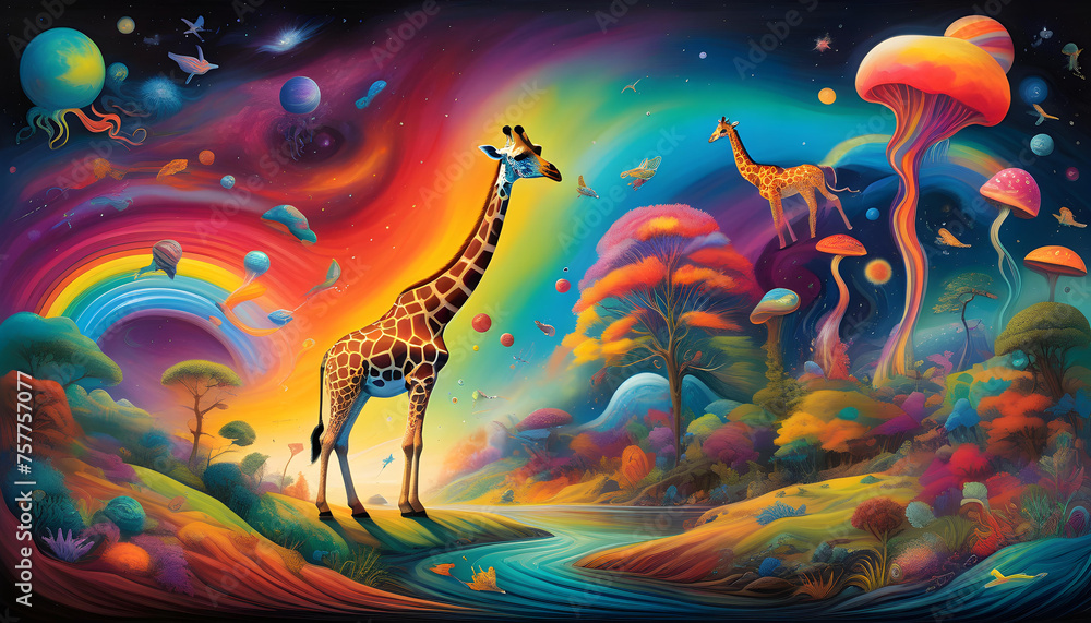 An oil painting of a cosmic ark floating through a colorful, surreal galaxy with fantastical creatures An oil painting of a cosmic ark floating through a colorful, surreal galaxy with fantastical creatures