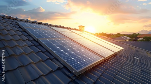 A modern house with a roof covered in solar panels bathed in sunlight, representing a step towards green energy