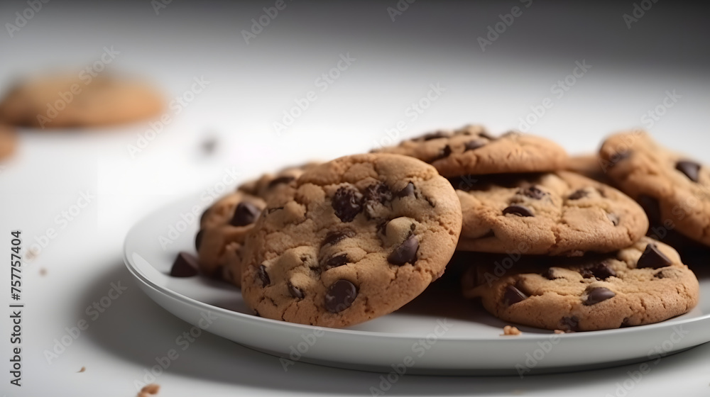 chocolate chip cookies on plate on white background