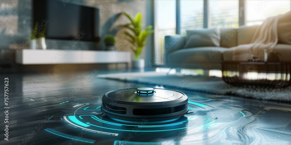 Futuristic robotic vacuum cleaner in a smart home Futuristic robotic vacuum cleaner in a smart home