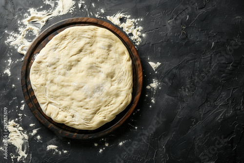 pizza dough on a plate  on an old wooden table  top view