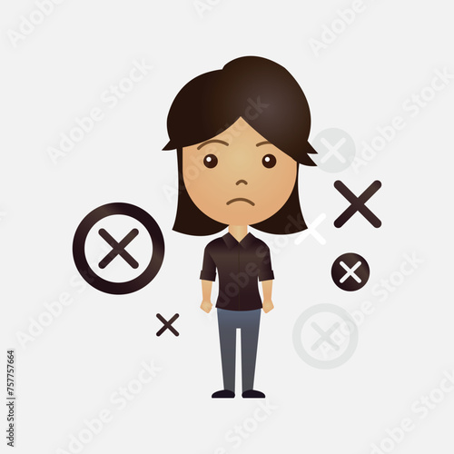 Cute Asian cartoon girl with x or wrong symbol on isolated background
