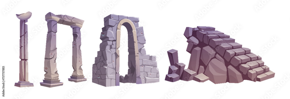 Ancient ruin vector set. Old Atlantis city temple building pillar and arch. Broken and abandoned antique Greek monument design. Destruction stone column for garden or museum of Rome civilization. - obrazy, fototapety, plakaty 