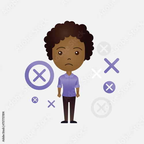 Cute African American cartoon girl with x or wrong symbol on isolated background
