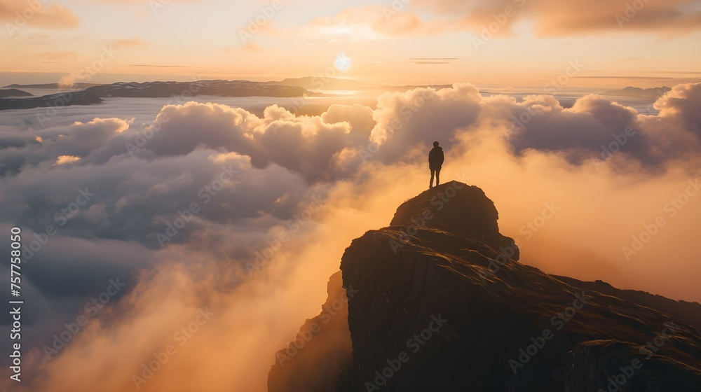Traveler on cliff over clouds exploring sunset Segla mountain alone hiking adventure journey outdoor Norway vacations traveling lifestyle weekend getaway 