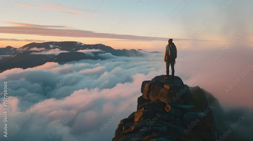 Traveler on cliff over clouds exploring sunset Segla mountain alone hiking adventure journey outdoor Norway vacations traveling lifestyle weekend getaway Traveler on cliff over clouds exploring sunset Segla mountain alone hiking adventure journey outdoor Norway vacations traveling lifestyle weekend getaway