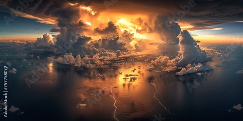 An aerial view of a dramatic thunderstorm over the ocean with lightning and sun rays.