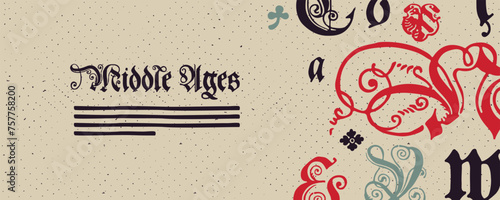 Medieval web banner with Polish blackletter calligraphy pattern. 15th century Schwabacher Gothic type.