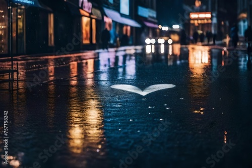 The rain produced a heart-shaped imprint on a city sidewalk, reflecting the city lights in the twilight mist.