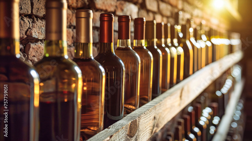 Row of Wine Bottles Aligned on Cellar Shelf