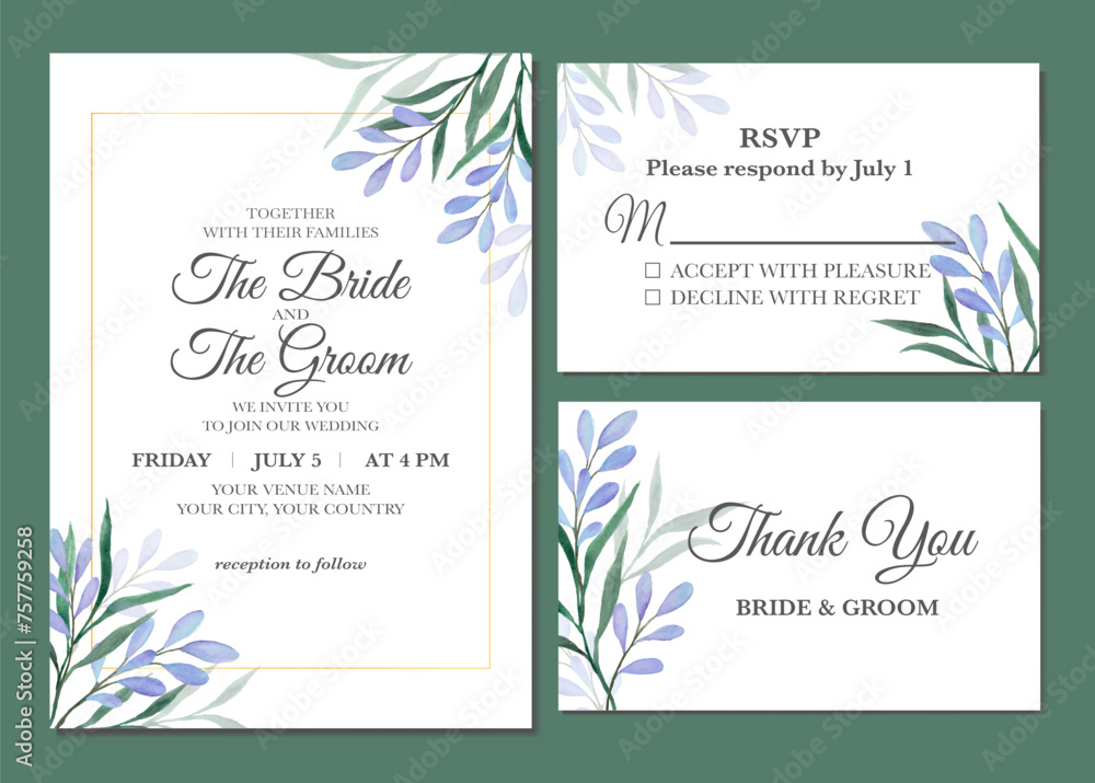 Manual painted of purple flower watercolor as wedding invitation 
