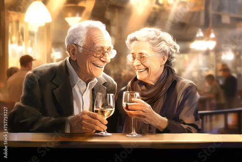 Painting of Elderly Couple Holding Wine Glasses