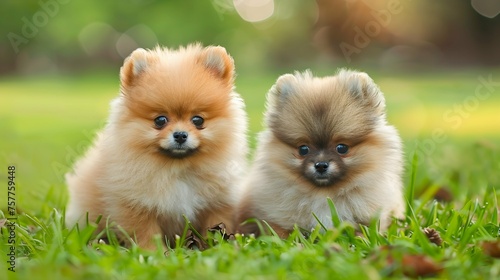 two Zwerg Spitz Pomeranian puppies posing on grass photo