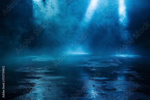 Dark street, wet asphalt, reflections of rays in the water. Abstract dark blue background, smoke, smog. Empty dark scene, neon light, spotlights. Concrete floor - generative ai