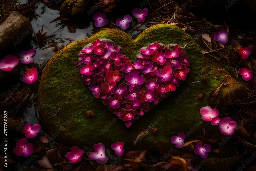 A heart-shaped cluster of fallen petals on a moss-covered stone, providing a lovely blend of colours in a woodland background.