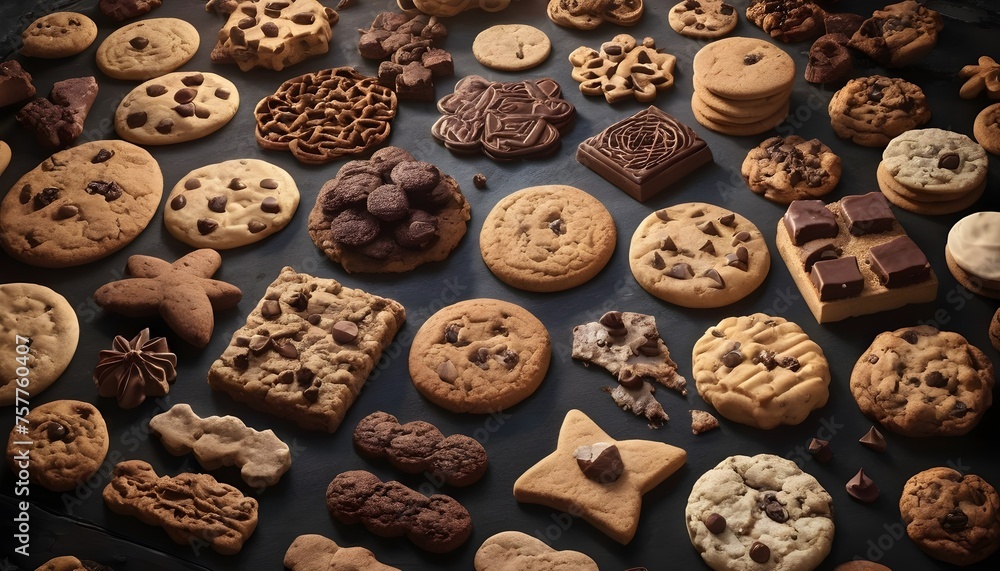 Variety of cookies on dark background, different tastes, shapes and color, mostly chocolate or chocolate chips Variety of cookies on dark background, different tastes, shapes and color, mostly chocolate or chocolate chips