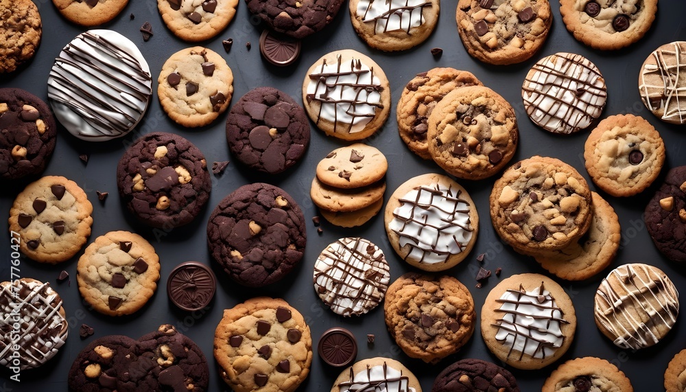Variety of cookies on dark background, different tastes and color, mostly chocolate or chocolate chips - obrazy, fototapety, plakaty 