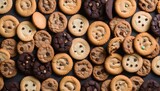 Variety of cookies on dark background, different tastes and color, mostly chocolate or chocolate chips