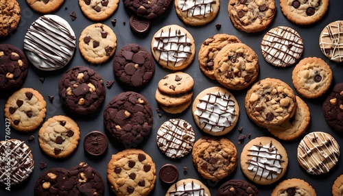 Variety of cookies on dark background, different tastes and color, mostly chocolate or chocolate chips photo