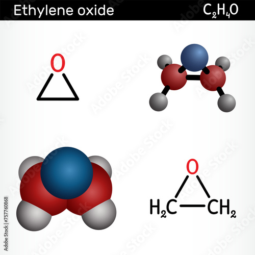 Ethylene oxide, oxirane C2H4O molecule. Structural chemical formula and molecule model.