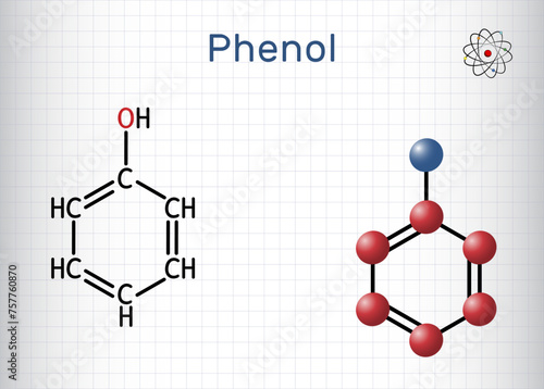 Phenol, carbolic acid molecule. Structural chemical formula, molecule model. Sheet of paper in a cage