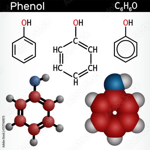 Phenol, carbolic acid molecule. Structural chemical formula, molecule model. photo