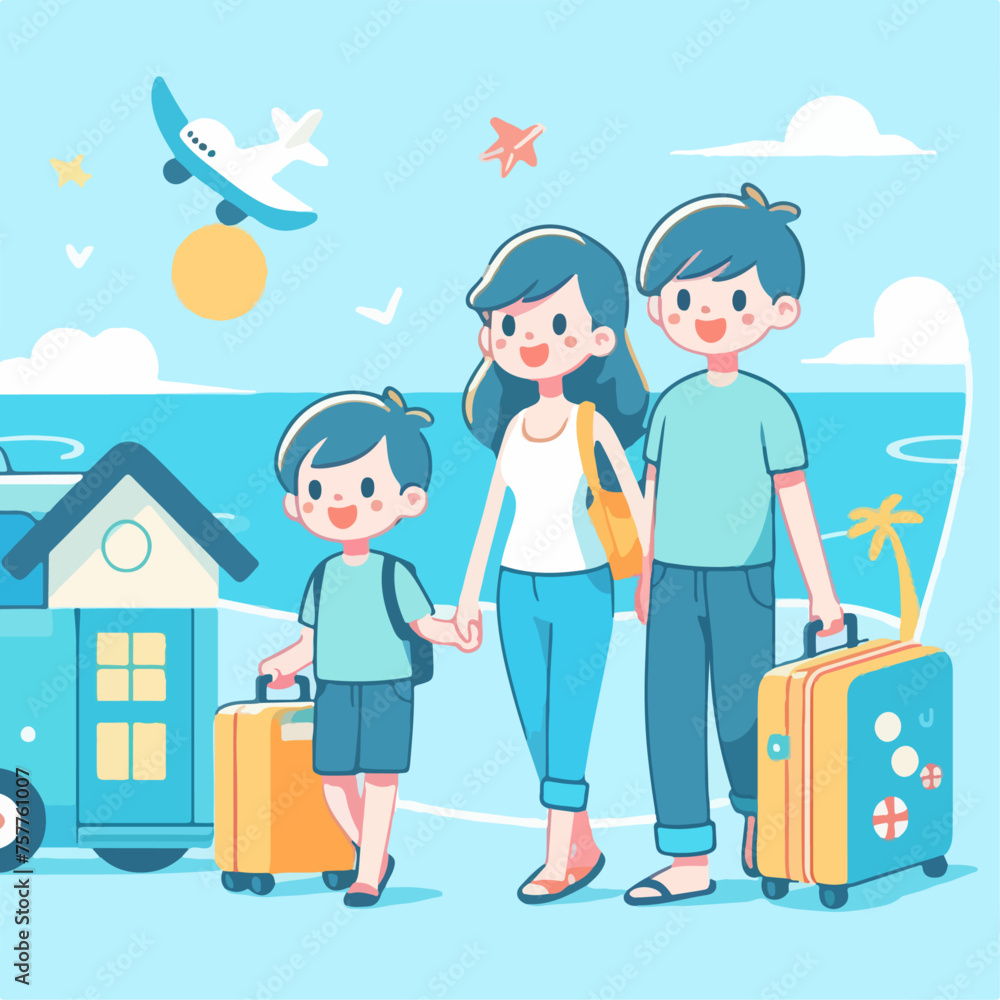 Illustration of a family on vacation with blue background. flat and minimalist
