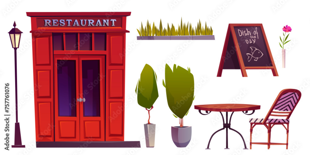 Cartoon restaurant exterior elements set. Cafe outside furniture - glass and wood red door, table and chair, chalkboard and streetlight lamp, decorative plants and flower for relax and eating on patio - obrazy, fototapety, plakaty 