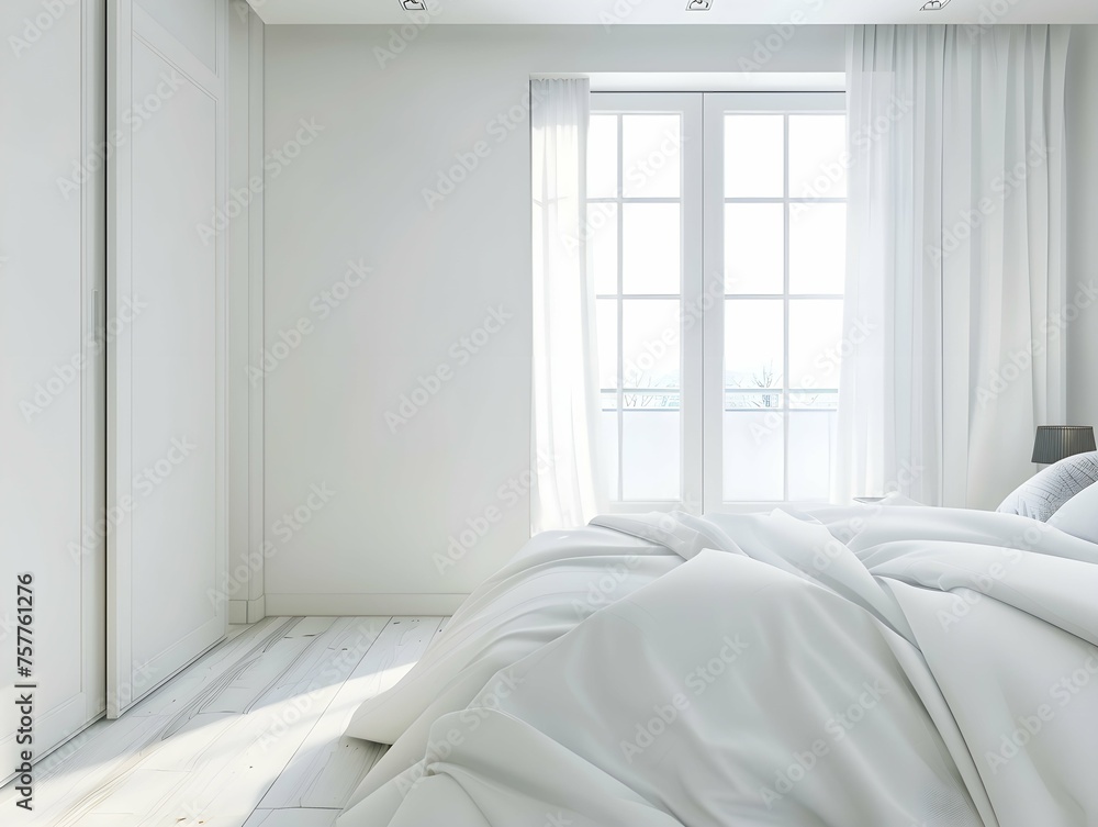 White wooden wardrobe with sliding doors in scandinavian style interior design of modern bedroom. White wooden wardrobe with sliding doors in scandinavian style interior design of modern bedroom.