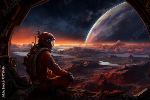 Astronauts on Mars. space travelers exploring the red landscape on the red world.