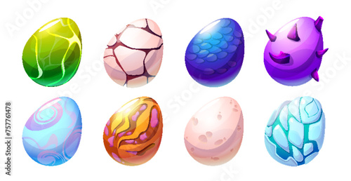 Cute fantasy colorful dinosaur eggs cartoon vector illustration collection. Colored and decorated Easter icon. Childish Jurassic fairytale monster or snake oval nest element with different patterns.