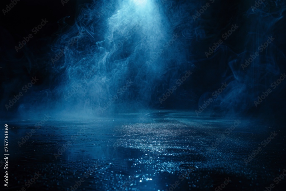 Dark street, wet asphalt, reflections of rays in the water. Abstract dark blue background, smoke, smog. Empty dark scene, neon light, spotlights. Concrete floor - generative ai Dark street, wet asphalt, reflections of rays in the water. Abstract dark blue background, smoke, smog. Empty dark scene, neon light, spotlights. Concrete floor - generative ai