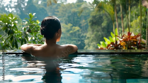 Woman on vacation in pool at luxury spa in Bali.