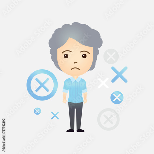 Cute old woman cartoon with x or wrong symbol on isolated background
