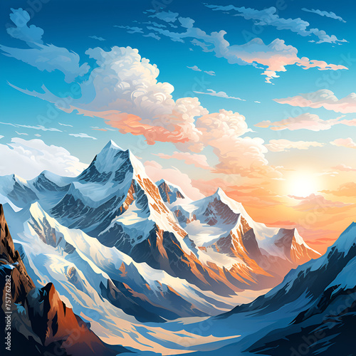 Mountainous Majesty, inaccessible mountain peaks. The breathtaking beauty of rugged landscapes, deep valleys. sunrise over the mountains Fantasy landscape with snowy mountains and lake. Digital painti