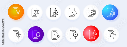 Smartphone icon set. Favorites, contacts, share, magnifying glass, internet, speed, gps, online shopping. Neomorphism style. Vector line icon for business and advertising